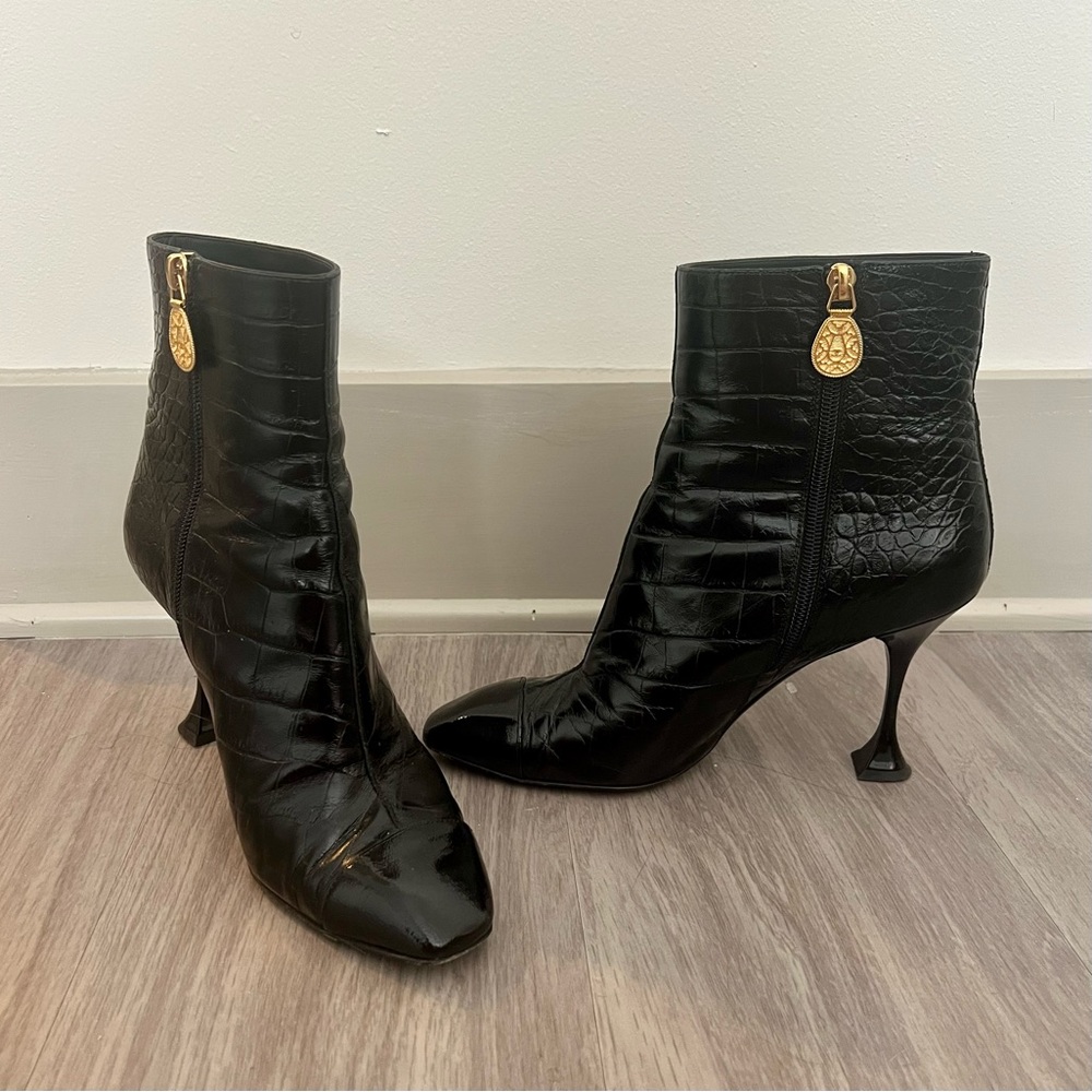 CHANEL Black Croc Leather Ankle Booties